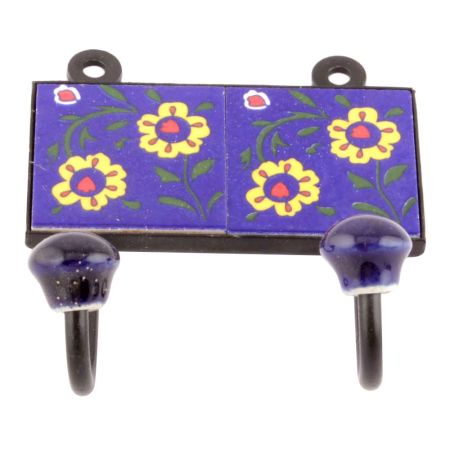 Navy Blue Yellow Floral Ceramic Tiles Hooks Online